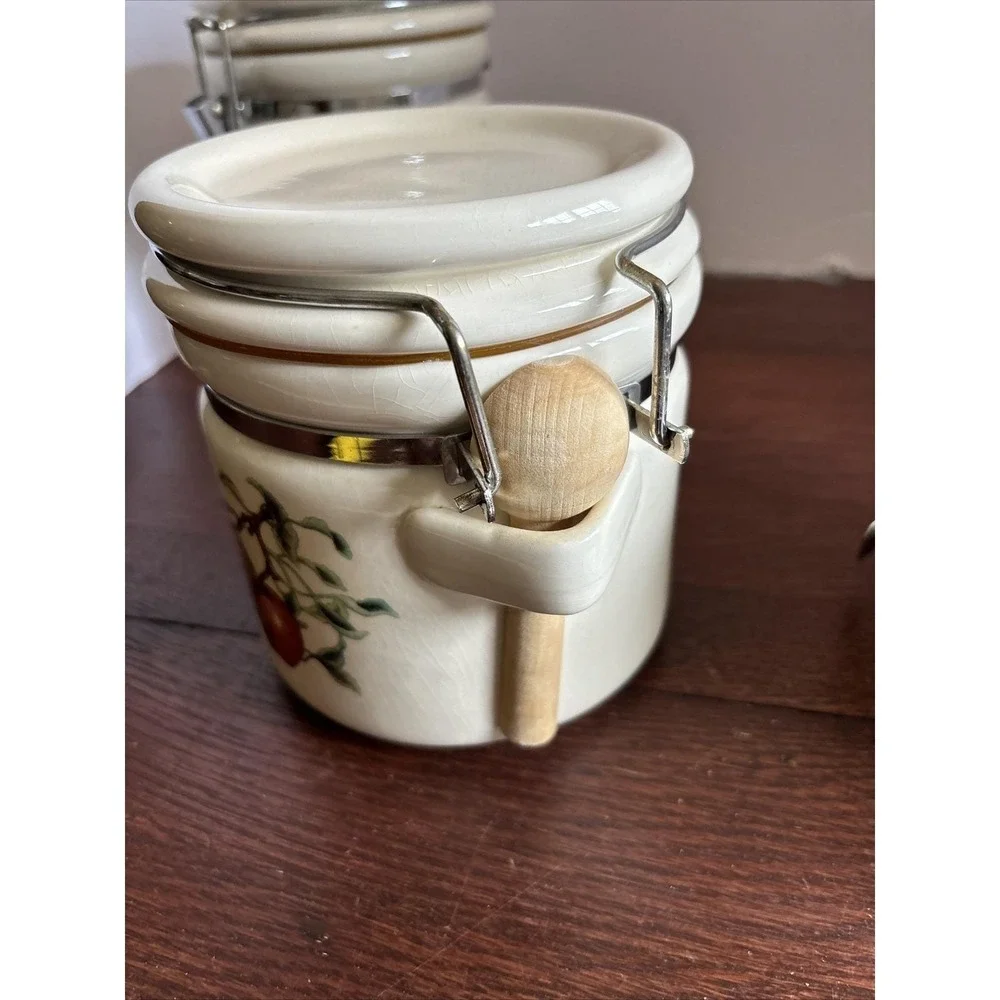 Vintage Ceramic Food Canister Set Pears Apples Grapes‎ With Wooden Spoons